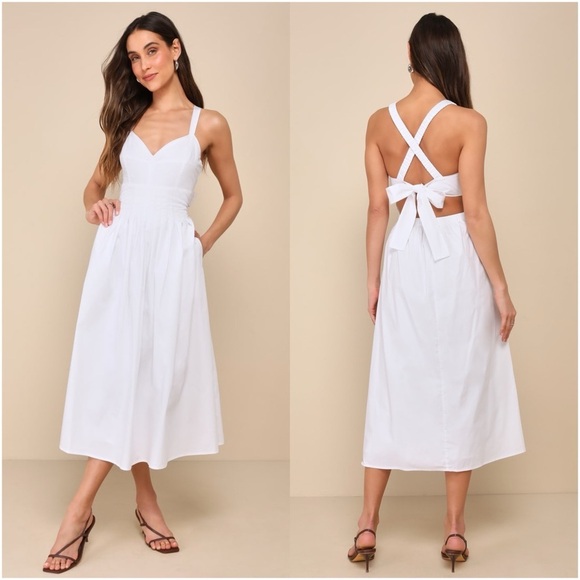 LULU’S Strolling Sicily White Pleated Backless Midi Dress With Pockets - Picture 1 of 5
